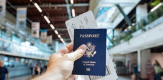 机场里旅客手持护照和登机牌准备出行