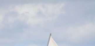 海边红白安全旗在风中飘动提醒游客注意海况