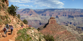 几名徒步者在 Grand Canyon South Kaibab Trail 上下行