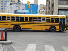 美国校车停在市区路口旁、斑马线附近，提醒开学季注意校车与行人安全