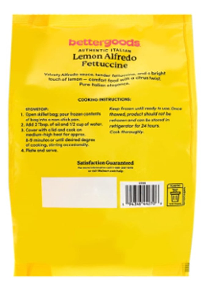 FDA召回页产品图:bettergoods Authentic Italian Lemon Alfredo Fettuccine黄色冷冻包装