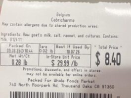 FDA通报Whole Foods Cabricharme奶酪未标注鸡蛋过敏原 FDA通报页产品图:Whole Foods Cabricharme奶酪包装