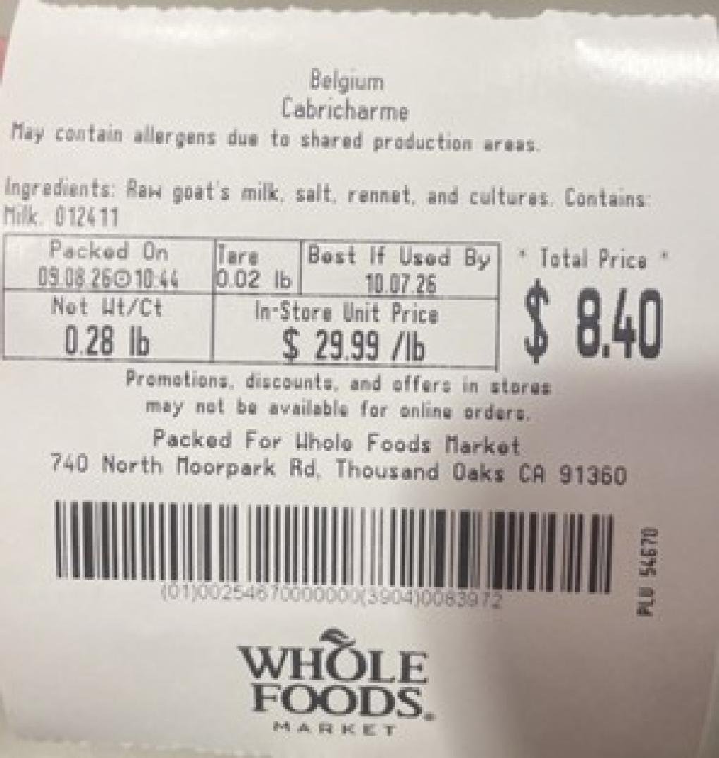 FDA通报页产品图：Whole Foods Cabricharme奶酪包装
