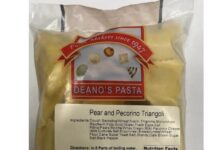 FDA召回页产品图：Deano’s Pasta梨与佩科里诺三角饺冷冻袋