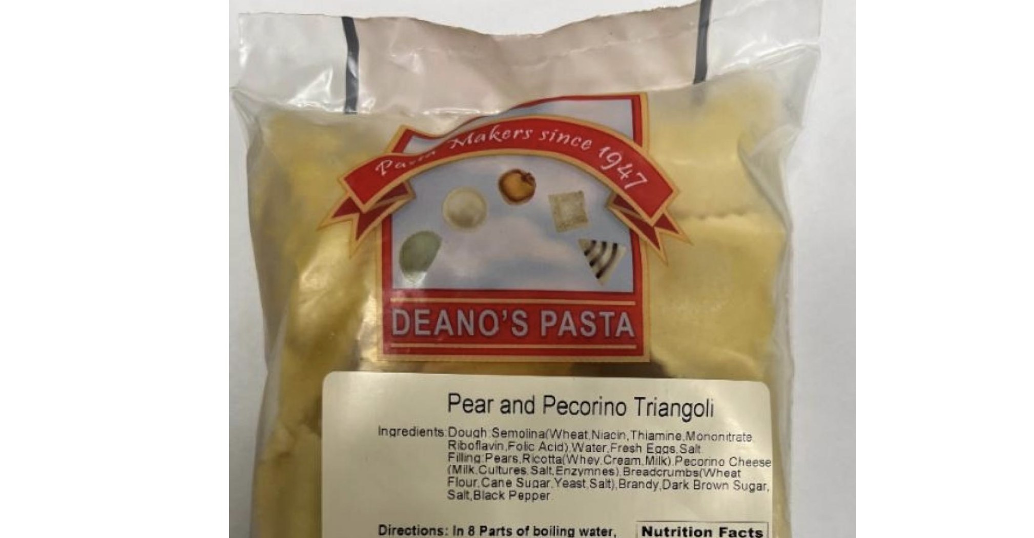 FDA召回页产品图:Deano’s Pasta梨与佩科里诺三角饺冷冻袋