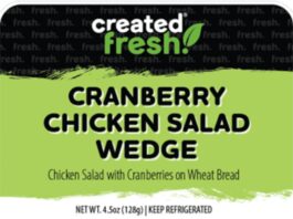FDA召回页产品图：Created Fresh! Cranberry Chicken Salad Wedge Sandwich标签面板