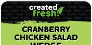 FDA召回页产品图：Created Fresh! Cranberry Chicken Salad Wedge Sandwich标签面板