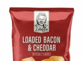 FDA召回页产品图：J. HIGGS Loaded Bacon and Cheddar Potato Chips 7.75盎司包装