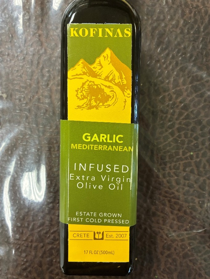 FDA召回页产品图:Kofinas Garlic Mediterranean Infused Extra Virgin Olive Oil瓶标
