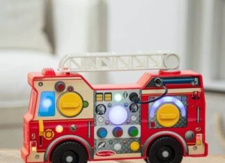 CPSC召回页产品图：Melissa & Doug Lights & Sounds Fire Truck Activity Board红色消防车玩具