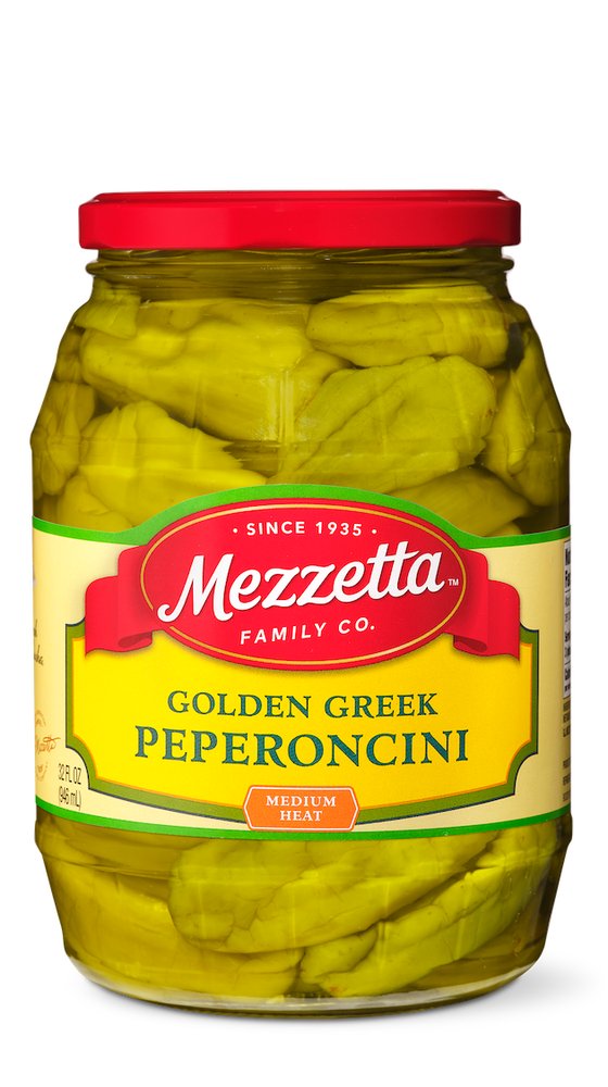 Mezzetta官网产品图:Golden Greek Peperoncini Medium Heat 32盎司瓶装