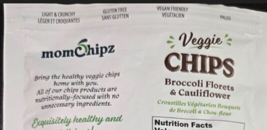 FDA通报Momchipz蔬菜脆片未标注小麦过敏原 FDA召回页产品图:Momchipz Veggie Chips Broccoli Florets and Cauliflower袋装