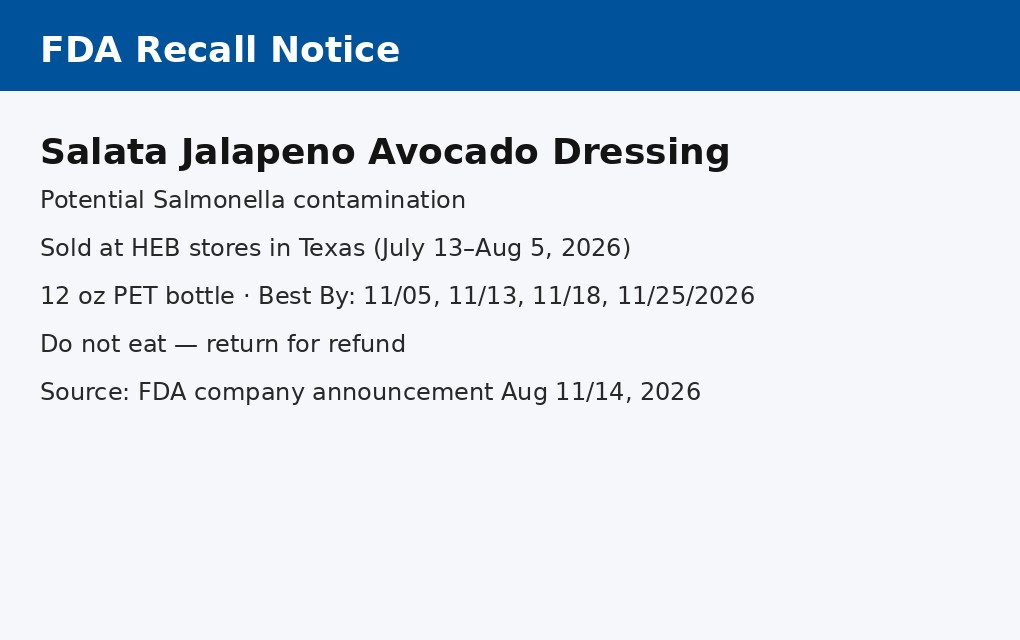 FDA召回提示图:Salata Jalapeno Avocado Dressing可能沙门氏菌污染,得州HEB有售