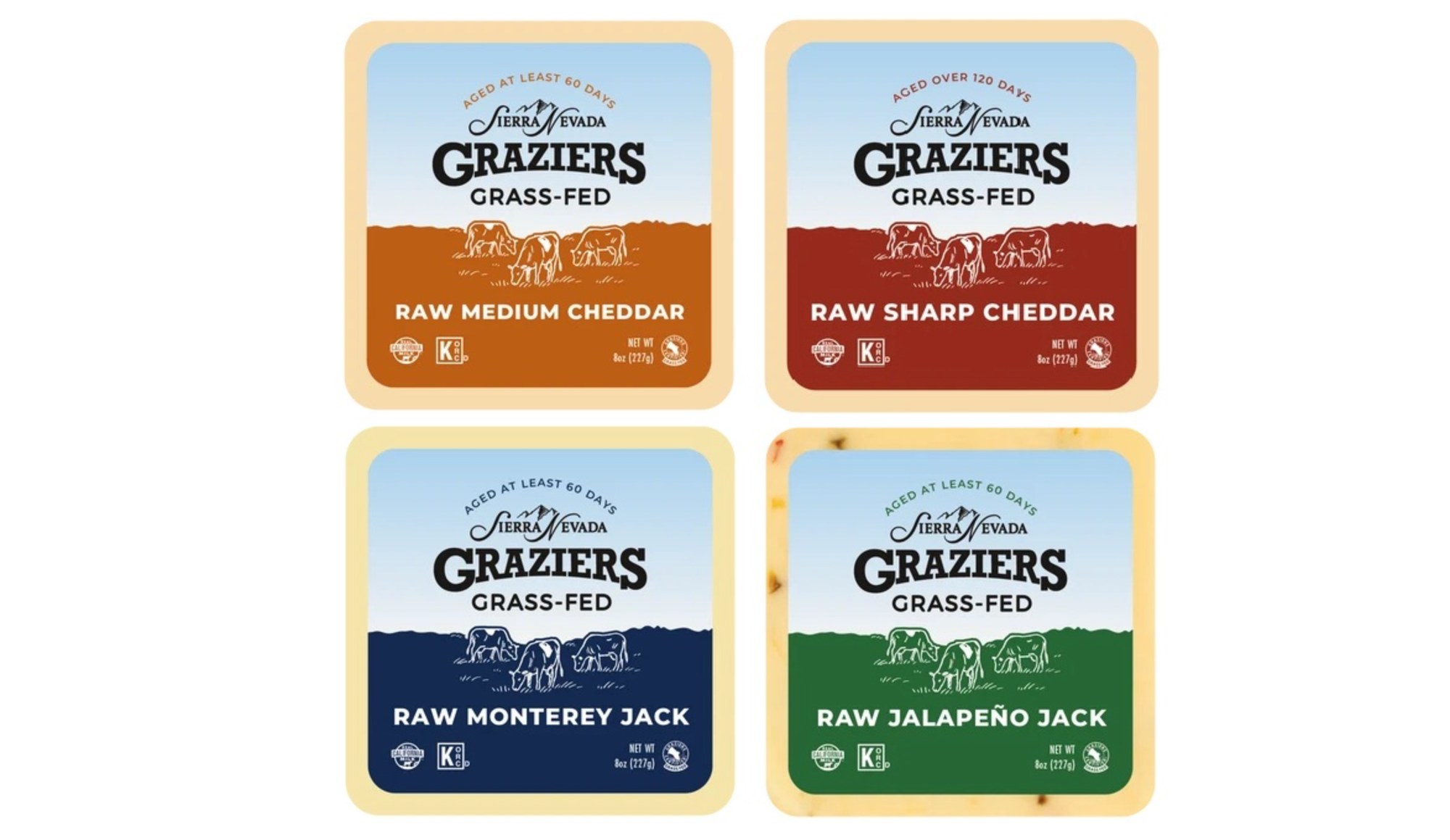 FDA召回相关产品图:Sierra Nevada Graziers四款草饲生乳奶酪包装