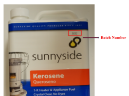 CPSC召回Sunnyside煤油燃料容器 CPSC召回页官方产品图:Sunnyside一加仑1-K煤油燃料白色塑料容器正面