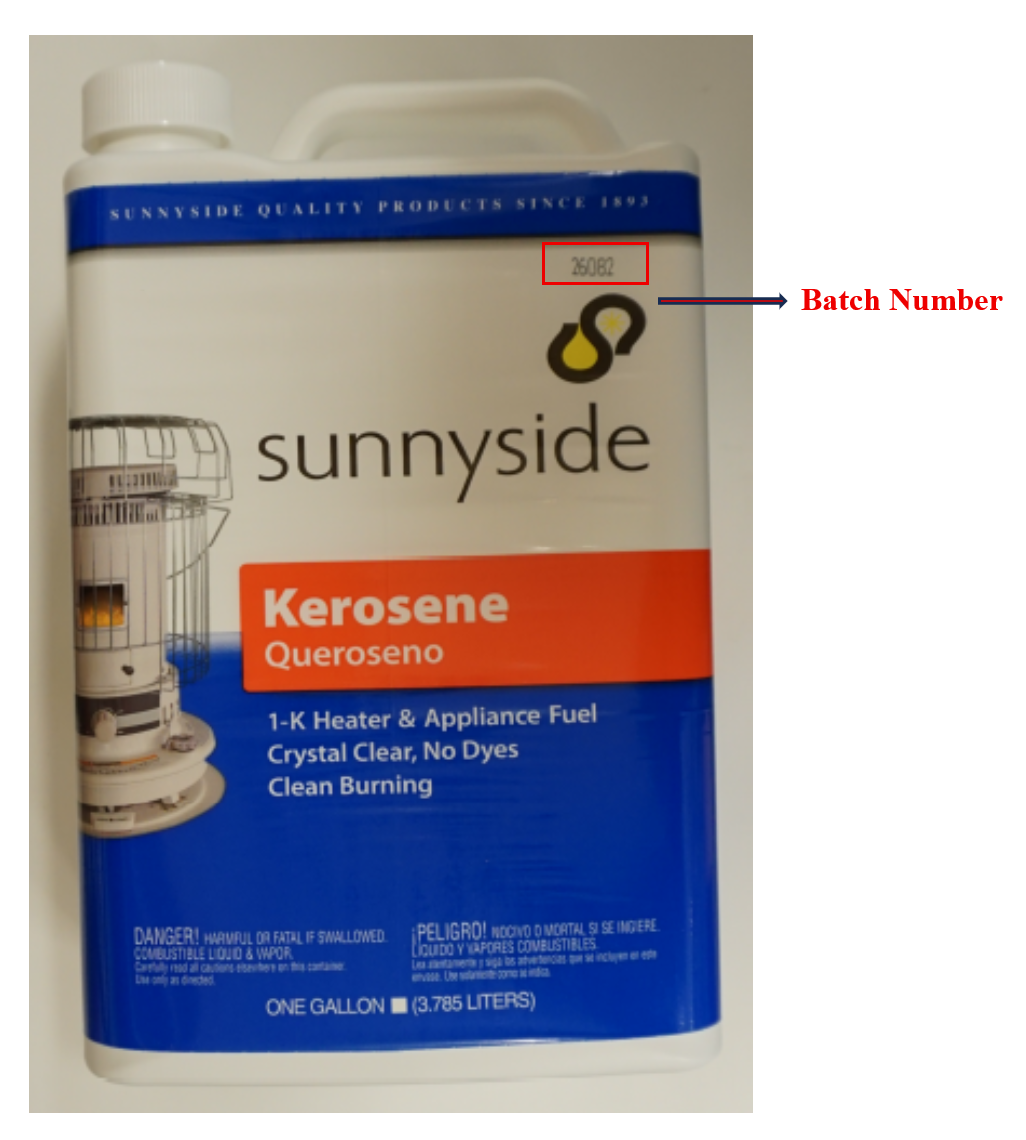 CPSC召回页官方产品图:Sunnyside一加仑1-K煤油燃料白色塑料容器正面