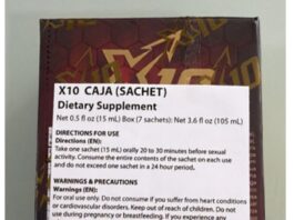 FDA召回页产品图：X10 Natural Enhancement Supplement红金包装与闪电形小袋