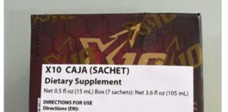 FDA召回页产品图：X10 Natural Enhancement Supplement红金包装与闪电形小袋