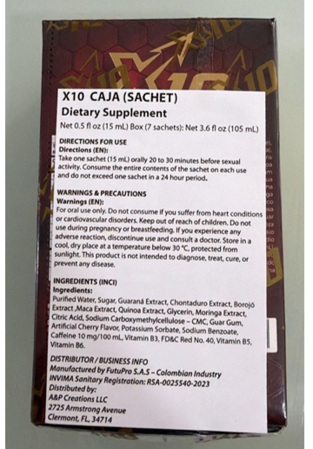 FDA召回页产品图:X10 Natural Enhancement Supplement红金包装与闪电形小袋