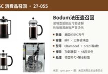 美国召回590万件Bodum法压壶因玻璃壶可能破裂致烫伤 CPSC召回Bodum法压壶产品图:Brazil、Chambord、Kenya款玻璃壶咖啡壶及玻璃壶识别文字