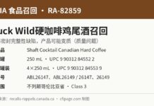 加拿大食品检验局召回RA-82859 Buck Wild Shaft Cocktail Canadian Hard Coffee信息图：250 mL及4×250 mL装UPC与批号
