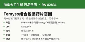 加拿大卫生部通报RA-82831 Femyso米非司酮米索前列醇组合包装药盒装错召回信息图