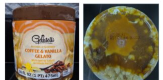 FDA公告中的Gelatelli咖啡香草意式冰淇淋正面及杯底批号照片