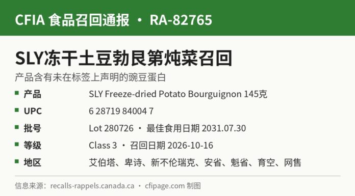 CFIA通报RA-82765 SLY牌冻干土豆勃艮第炖菜含未申报豌豆蛋白召回信息图