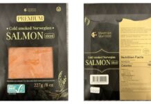 FDA公告中的Starfish Seafood冷熏挪威三文鱼切片包装正面及背面标签照片
