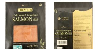 FDA公告中的Starfish Seafood冷熏挪威三文鱼切片包装正面及背面标签照片