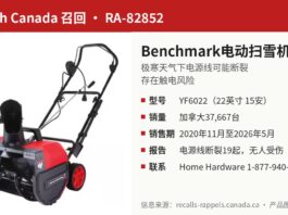 加拿大卫生部召回RA-82852 Benchmark 22英寸电动扫雪机（型号YF6022）红黑色产品照片