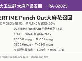 加拿大卫生部通报RA-82825 OVERTIME Punch Out大麻花THC与CBD标签印反召回信息图