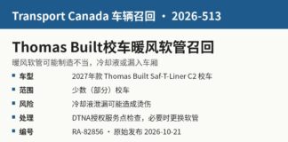 加拿大交通部召回2026-513 Thomas Built Saf-T-Liner C2校车暖风软管问题信息图