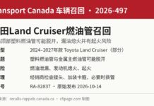 加拿大召回丰田Land Cruiser因燃油管可能脱开漏油 加拿大交通部召回2026-497丰田Land Cruiser燃油管脱开漏油信息图