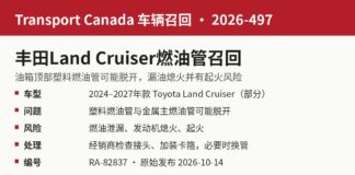 加拿大交通部召回2026-497丰田Land Cruiser燃油管脱开漏油信息图