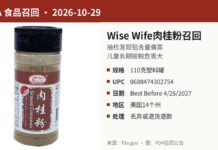 美国召回Wise Wife肉桂粉因铅含量超标 FDA召回Wise Wife牌肉桂粉产品图:110克透明塑料罐黑色旋盖,因铅含量偏高被召回