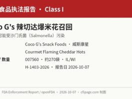 FDA H-1403-2026 Coco G's Courmet Flaming Cheddar Hots沙门氏菌召回信息图