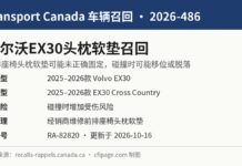 加拿大交通部召回2026-486沃尔沃EX30头枕软垫信息图