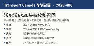 加拿大交通部召回2026-486沃尔沃EX30头枕软垫信息图