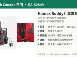 加拿大卫生部召回RA-82849 Hamax Buddy儿童自行车座椅产品照片及安全带标签位置