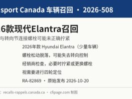 加拿大召回2026款现代Elantra因前支柱螺栓可能松动 加拿大交通部召回2026-508现代Elantra信息图:前支柱螺栓可能松动导致失去转向控制