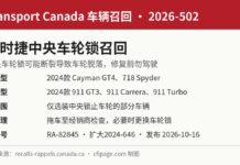 加拿大召回2024款保时捷911等跑车因中央车轮锁或断裂 加拿大交通部召回2026-502保时捷911与718中央车轮锁断裂信息图