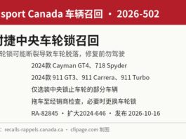 加拿大交通部召回2026-502保时捷911与718中央车轮锁断裂信息图