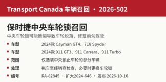 加拿大交通部召回2026-502保时捷911与718中央车轮锁断裂信息图
