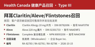 加拿大卫生部拜耳Claritin、Aleve、Flintstones批发层级召回信息图