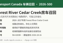 加拿大交通部召回2026-500 Forest River Cedar Creek房车拖车信息图：滑出式房间开关线路可能过热熔化