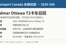 加拿大召回Kalmar Ottawa T2卡车因电路板短路有起火风险 加拿大交通部召回2026-506 Kalmar Ottawa T2卡车电路板短路起火风险信息图