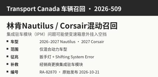 加拿大召回林肯Nautilus和Corsair混动SUV因可能意外挂空挡 加拿大交通部召回2026-509林肯Nautilus和Corsair混动SUV信息图:集成驻车模块故障可能意外挂入空挡