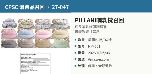 CPSC召回PILLANI哺乳枕产品图：多种颜色图案的U形哺乳枕及型号NP4351标签
