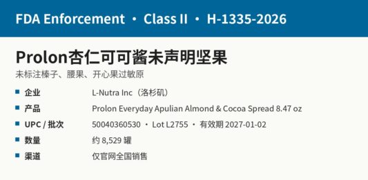 FDA通报Prolon杏仁可可酱未声明榛子腰果开心果过敏原 FDA H-1335-2026 Prolon杏仁可可酱未声明树坚果召回信息图